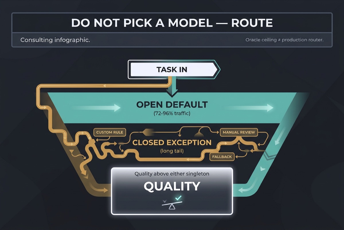 Routing chart: open model default, premium closed model for long-tail tasks