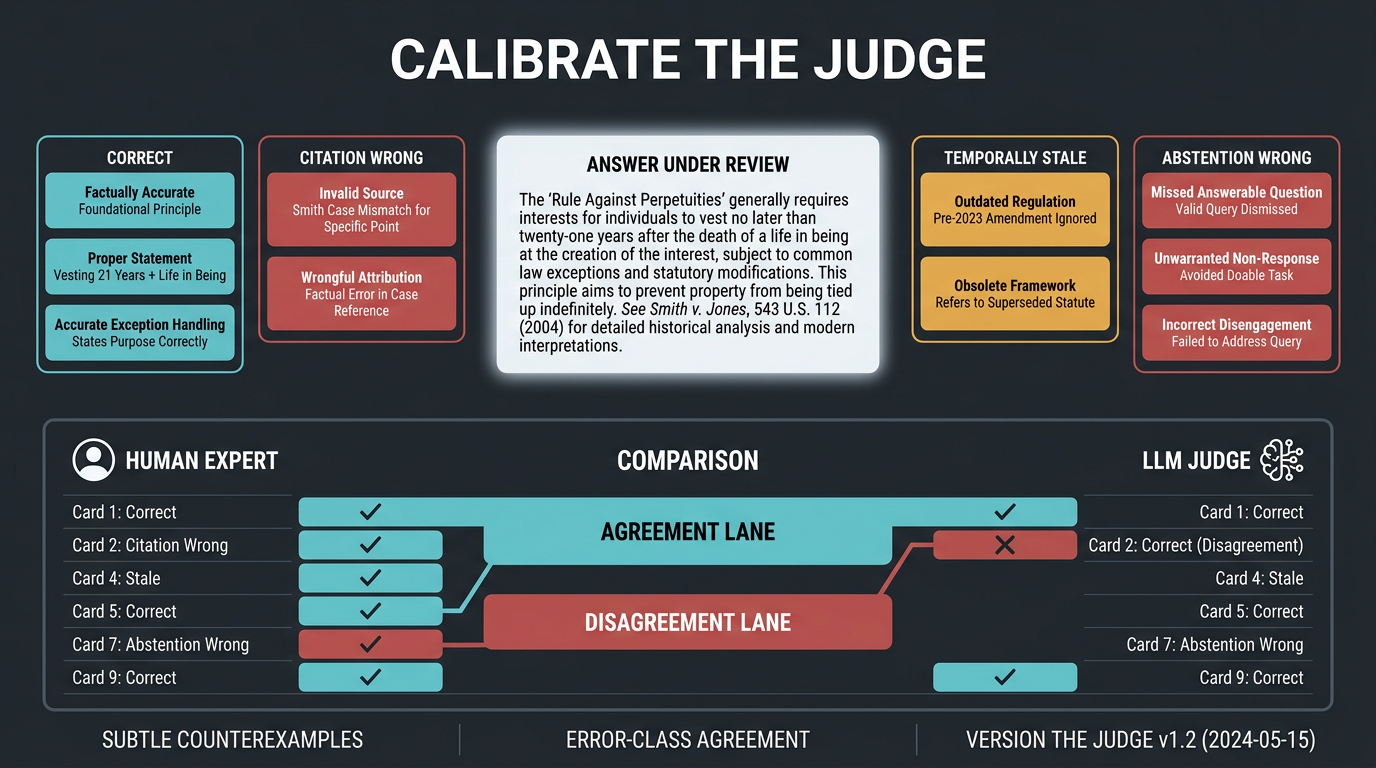 Judge calibration suite with controlled answer variants and agreement by error class