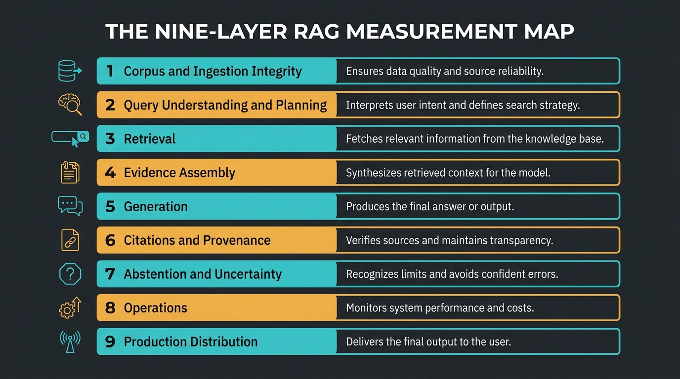 Nine-layer RAG measurement map from corpus integrity through production distribution
