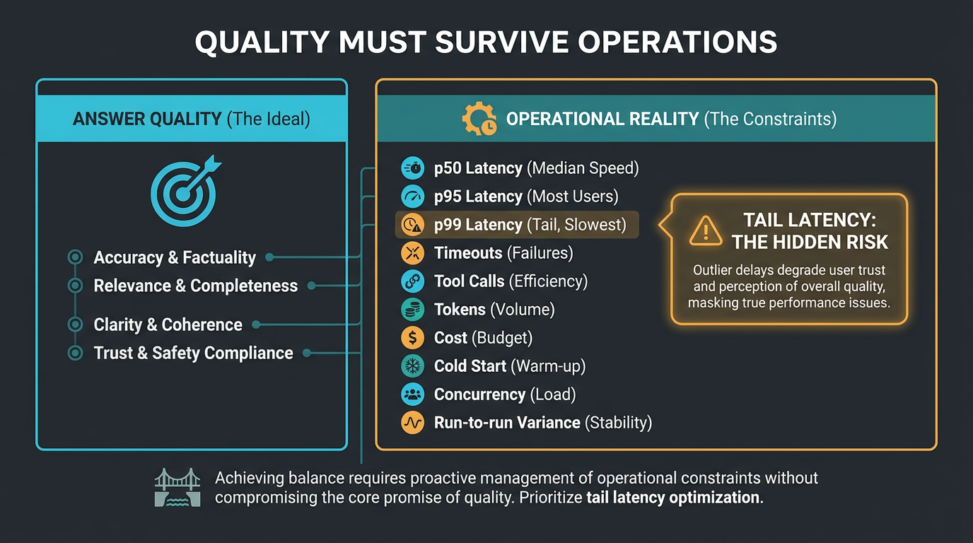 Operational quality scorecard covering latency, cost, timeouts and reliability