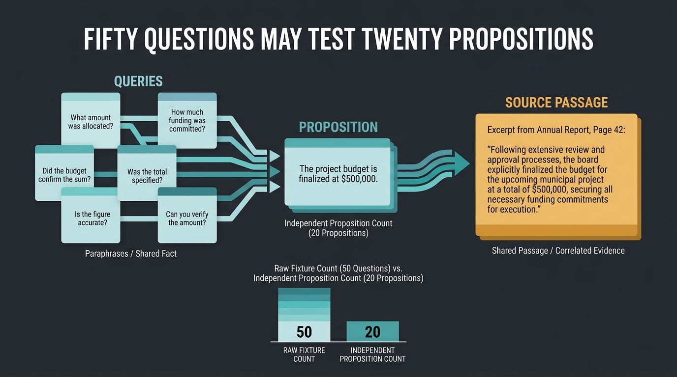 Proposition family counting: six fixtures can exercise one underlying fact