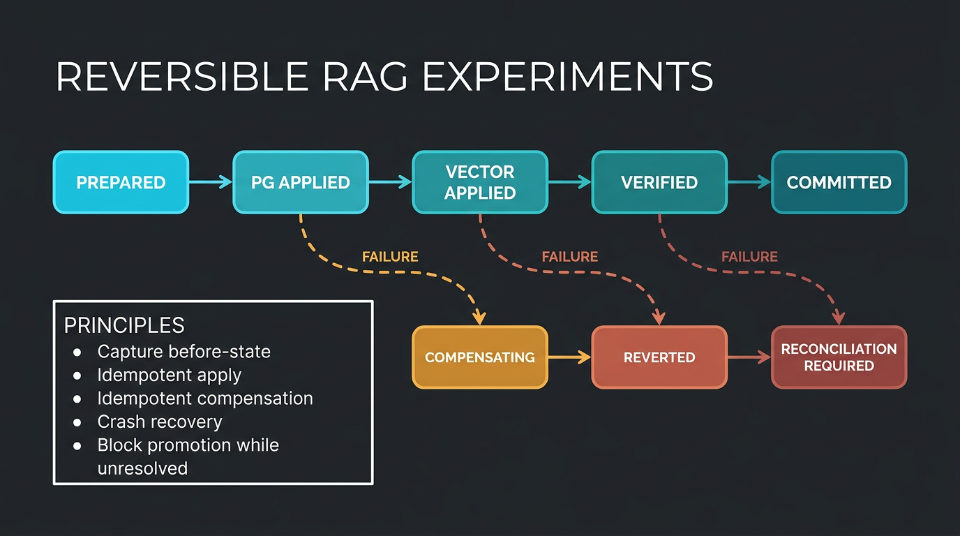 Reversible RAG experiment saga with apply and compensating transactions
