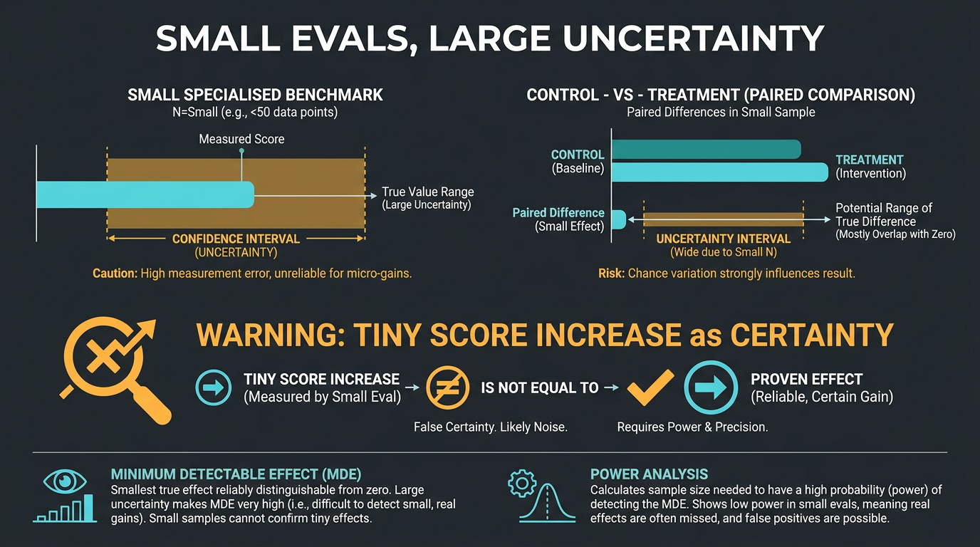 Small-eval uncertainty: effect size, intervals and paired comparisons instead of scoreboard theatre