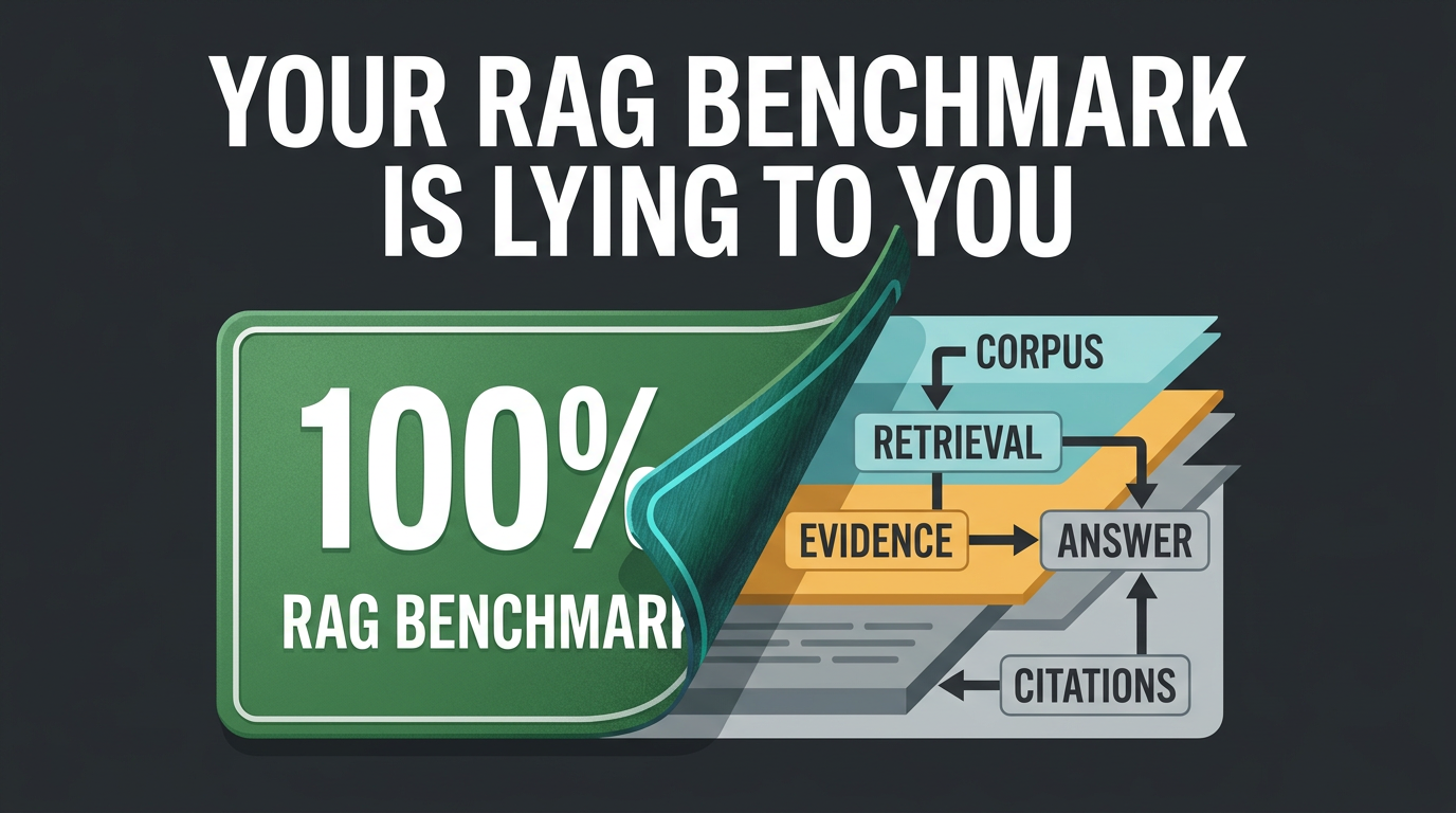 A perfect RAG benchmark scoreboard peeling back to reveal the evidence pipeline underneath